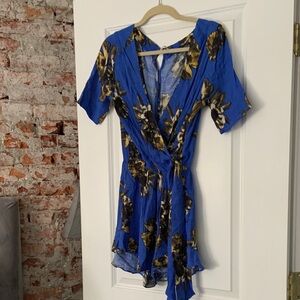 Free People Blue and Gold Floral Wrap Mini Dress
